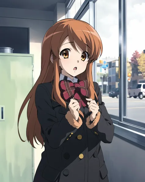 <lora:kyoani_haruhi_style_offset:1> kyoani haruhi style,1girl, Mikuru Asahina, solo, window, long hair, orange hair, orangeeyes, open mouth, coat, bow, plaid, :o, long sleeves, ((masterpiece))