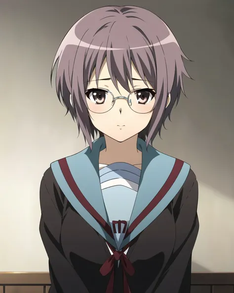 <lora:kyoani_haruhi_style_offset:1> kyoani haruhi style, 1girl, solo, yuki nagato, kita high school uniform, short hair, school uniform, blue sailor collar, glasses, sailor collar, serafuku, purple hair, cardigan, bangs, brown eyes, anime coloring, ((maste...