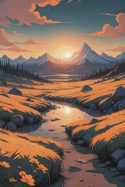 anime style, sharp outlines, golden hour, scenery, in a depressing alpine tundra<lora:envystarlightanime06:1>