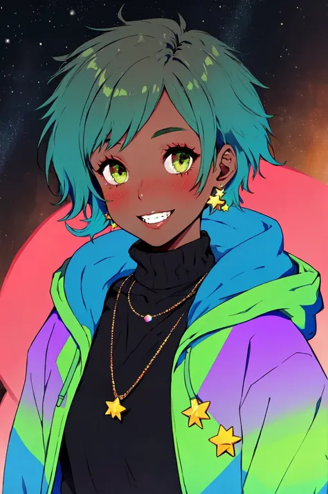 a cartoon image of a girl with green hair and a blue jacket