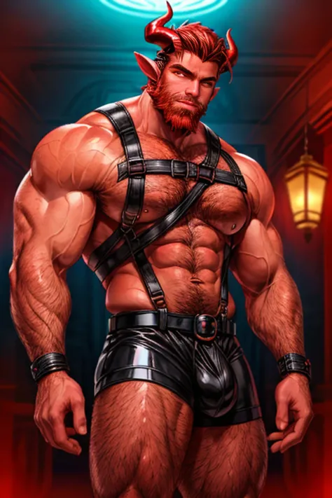 1boy, bara, gorgeous muscular red devil, black ornate codpiece, red shiny skin, harness, giant horns, big beard, big body hair, red lighting eyes, neon red gothic mansion interior, cinematic lighting, vpl