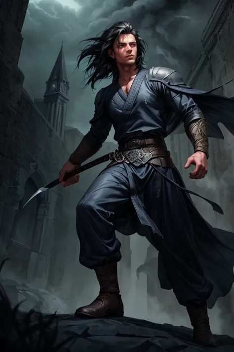 rpg portrait, full body, extreme detail, artistic painting, 1boy, A male European-martial-artist that works as a secret agent for The-Living-God,  black hair Mullet hair,  a gothic town shrouded in fog background, cinematic, best quality, detailed backgrou...