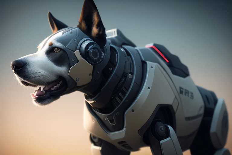 nousr robot best quality, cgunity, 8k, raw photo of (beautiful:1.2) cyborg dog, warframe style, black gold, full  body shot,  ul...