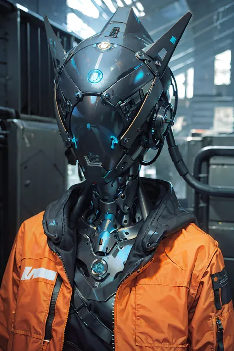 a close up of a futobot, cyborg girl with a fantastic cyberhelmet head  , wearing a orange techwear jacket, 
photorealistic, masterpiece, best quality, 35mm film, film grains, 
<lora:cyberhelmetv0.7:0.8>  <lora:Futuristicbot4:0.3>