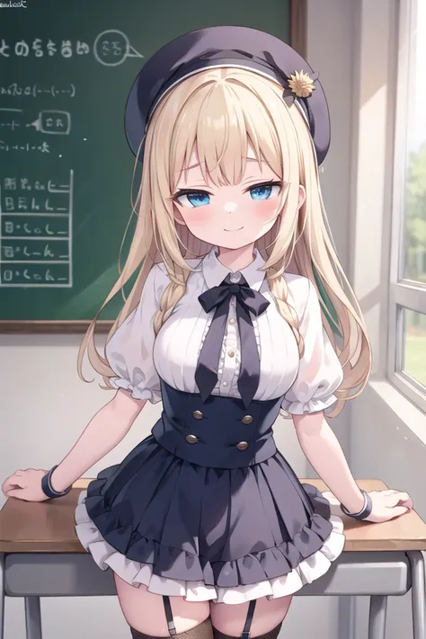 anime girl in uniform standing in front of a blackboard