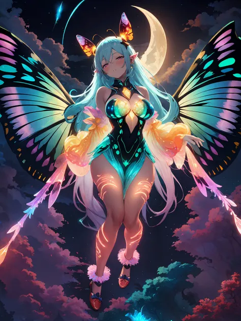 (masterpiece,best quality:1.2),absurdres,cinematic lighting, backlighting, hair_light,(sfw),long_hair, multicolored_hair, looking_at_viewer,  
full_body, corruption, flying, 
bioluminescent dress, 
moth_girls, (moth_wings:1.2),  antennae, colorful wings,
m...