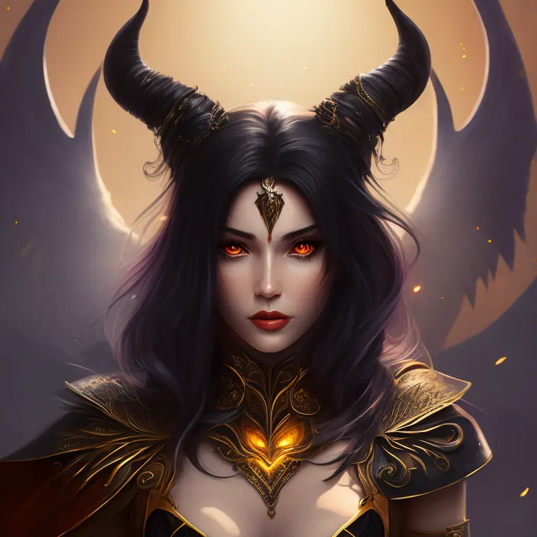 portrait of female succubus with black hair and glowing amber eyes and horns, dnd, fantasy, intricate, elegant, highly detailed,...