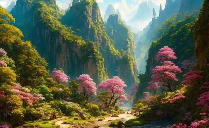 chromav5, nvinkpunk,(extremely detailed cg unity 8k wallpaper), an landscape of a majestic jungle surrounded by lush pink foliag...