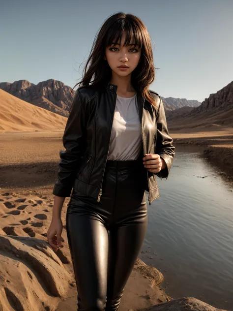 <lora:kotoyama_style_v01:0.75>, a woman in a tranquil desert oasis at dawn, cactus, pond,  upper body, grey eyes, puffy lips,  closed mouth, leather jacket, open jacket, motor vehicle, tight pants, leather pants, cowboy shot, tied hair, 
(masterpiece), (be...