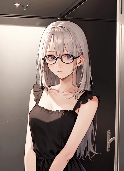 ((best quality)), ((highly detailed)), masterpiece, absurdres, detailed face, beautiful face, (detailed eyes, deep eyes), (1girl), (glasses), Perspective distortion, upper body, innocent, wide eyes, big eyes, cute, breasts, Silver sundress, maxi dress, (in...