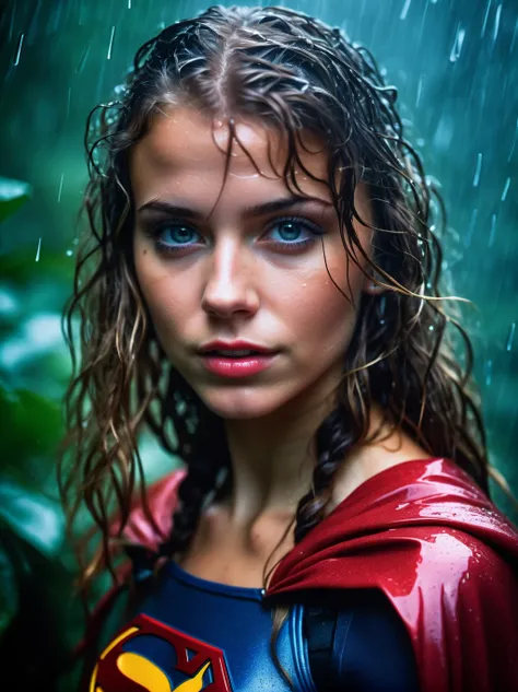 18 year old woman in the rain, messy (wet:0.7) hair, intense expression, piercing gaze, (glistening wet skin:0.9), athletic pose, (nikon f4, 50mm f1.2, Fujichrome Velvia 50, bokeh), (ominous jungle , ambient light, volumetric light, god rays:1.2),  wearing...