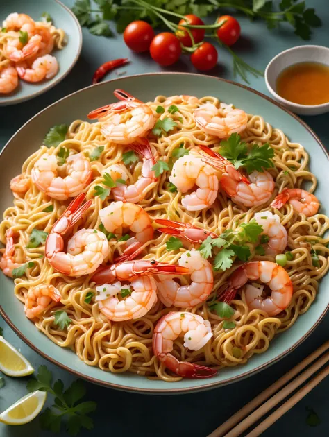 breathtaking , perfect composition, high quality, best quality, noodles with shrimp, deep plate, beautiful light, studio light, masterpiece, Fujifilm XTaward-winning, professional, highly detailed