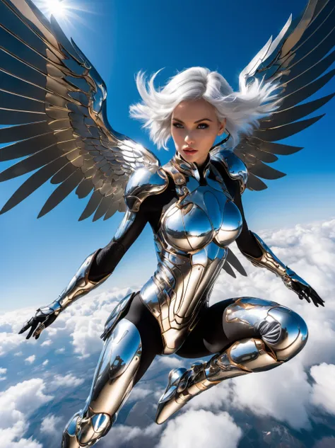 RAW photo, sharp, 8k, masterpiece, highres, (masterpiece, best quality, high resolution), ( 1human arm), (cyborg), intricate bodysuit, skintight silver armor,1girl, solo, Woman (soaring|flying) through clouds, Dutch angle, art by todd mcfarlane, trending o...