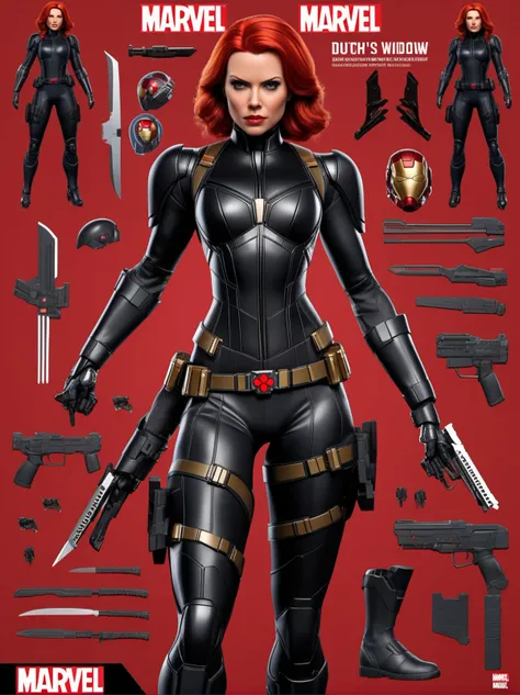 inboxDollPlaySetQuiron style,  
(Dutch angle:1.3), (ActionFigureQuiron style), solo, Black Widow (Marvel Comics): Black Widows sleek black suit, red hair, and combat skills make her a fierce and empowering character to cosplay., box art, action figure box,...