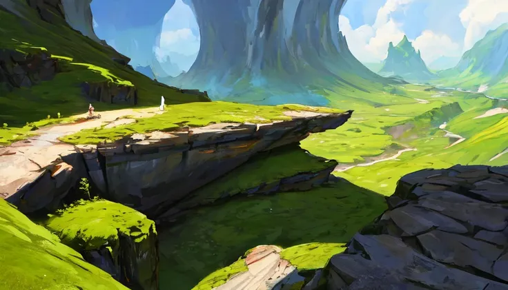 Conceptart,Concept Art,SamWho,mksks style, green moss, species, overlooking chasm, volcano