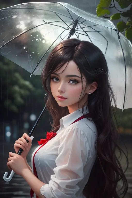 <lora:umbrellaLORA:0.15>, (masterpiece:1.2), (best_quality:1.2), (ultra_detailed:1.3), 8k, extremely_clear, realism, (ultrarealistic:1.3), A beautiful girl holding a transparent umbrella in the rain