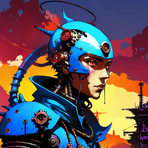 D&D style portrait, fantasy, by Ian McQue, digital art, Male Cherubim, Steampunk, industrial landscapes, intricate mechanical designs, cyber, science fiction, sci fi, manly, detailed face, <lora:envyStarlightJRPG_v10:1>, illustrious, background inspired, g...