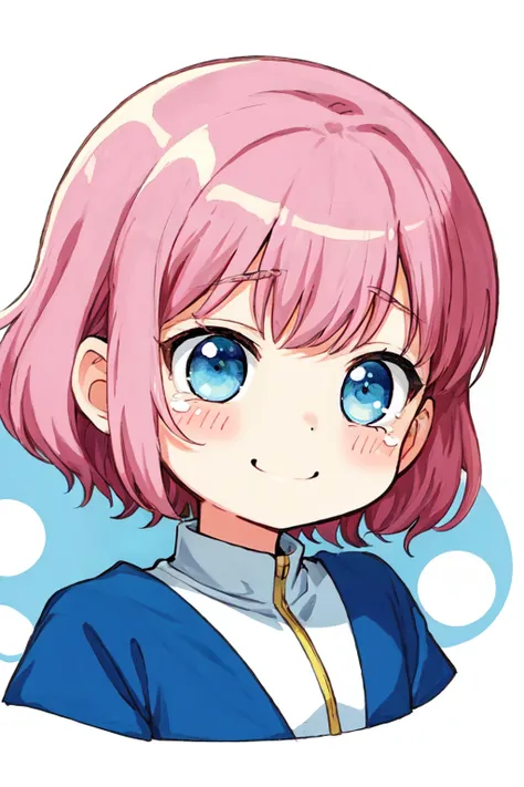 a cartoon girl with pink hair and blue eyes