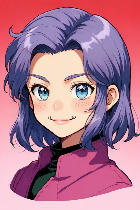 a close up of a person with blue hair and a purple jacket