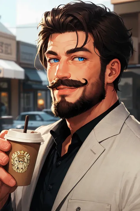 a close up of a man holding a cup of coffee