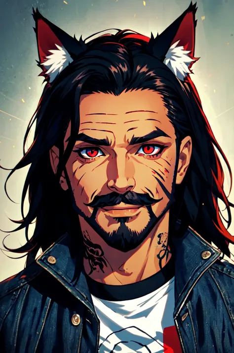 a close up of a man with a cat ear and a beard