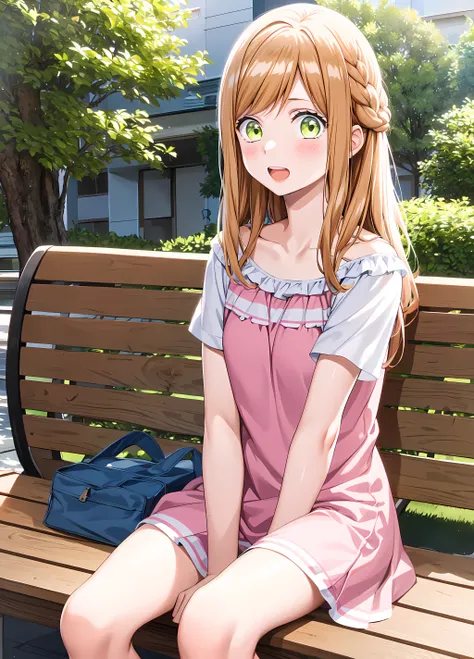 masterpiece, best quality, kinoshitaakane, 1girl, blue shirt, pink dress, female college student, happy, open mouth, upper teeth, bare legs, sitting on bench, from side, <lora:kinoshitaakane-v1.0:1>