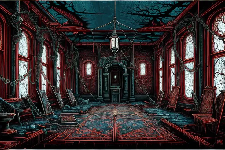 (painting:1.3) of (screen print:1.3) a fantasy landscape featuring a majestic (abandoned horror mental hospital room interior), ...