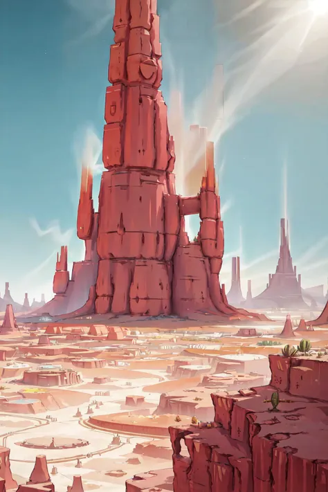 a close up of a desert with a tall tower in the middle