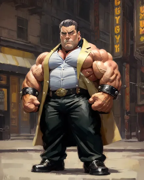 handsome (((muscle bodybuilder big breast:1.2))) man,overcoat,steampunk,by ed blinkey, atey ghailan, studio ghibli, by jeremy ma...