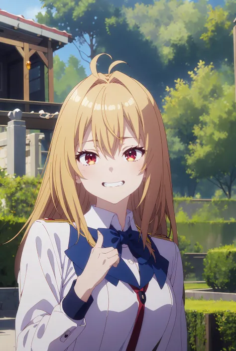 masterpeice, best quailty, official art, anime screencap, outdoors, garden, from front, upper body, TERAKOMARI GANDESBLOOD, long hair, blonde hair, hair between eyes, blush, (grin:0.8), (v_sign:1.3), school uniform, <lora:Hikikomari Kyuuketsuki no Monmon:0...