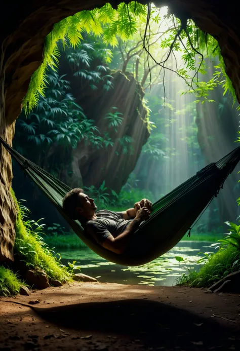 arafed man laying in a hammock in a cave