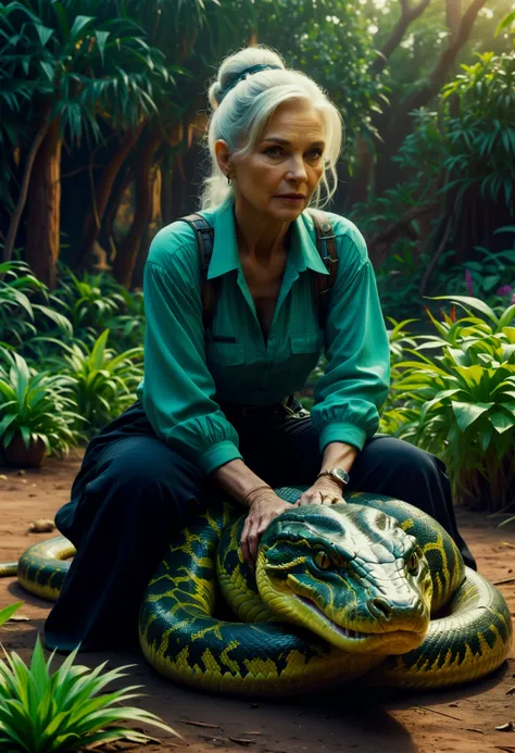 a woman sitting on a snake in a jungle with a green snake