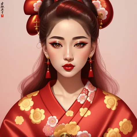 Masterpiece, 4K, beautiful, kimono, red, white flower pattern,silk kimono, shiny kimono,red kimono belt with white flower pattern and a golden rope,woman wearing the kimono, geisha hair,Kyoto background, bimbo, glossy, detailed background, facing he viewe...