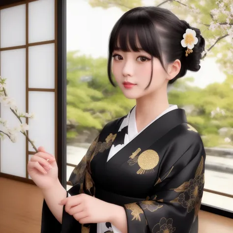 Masterpiece, 4K, beautiful, kimono, black,white flower pattern, black kimono belt with superb golden embroidery,woman wearing the kimono,traditional Japanese house background, <lora:kimono_v10:0.8>, bimbo, glossy, detailed background