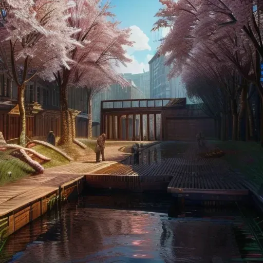 anime scenery of a man standing on a dock next to a river