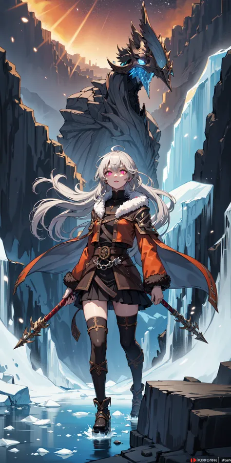 a woman in a brown coat and a white hair standing on a rock with a sword