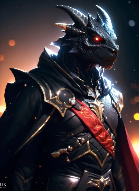 black dragonborn, solo, red eyes, male, upper body, male focus, horns, cape, armor, glowing, glowing eyes
, volumetrics dtx, (film grain, blurry background, blurry foreground, bokeh, depth of field, motion blur, realistic:1.3)
, ((masterpiece, best quality...