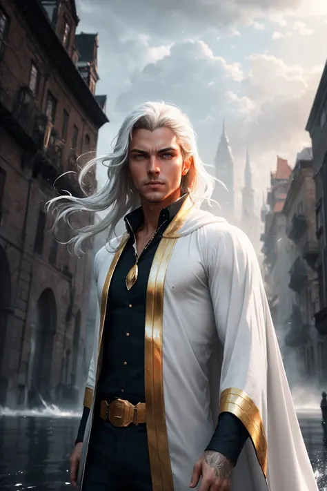 portrait of a handsome young male wizard, white wizard shirt with golden trim, white robe moving in the wind, long white hair, fully clothed, perfect face, handsome, (perfect composition:1.4), deviantart hd, artstation hd, concept art, detailed face and bo...