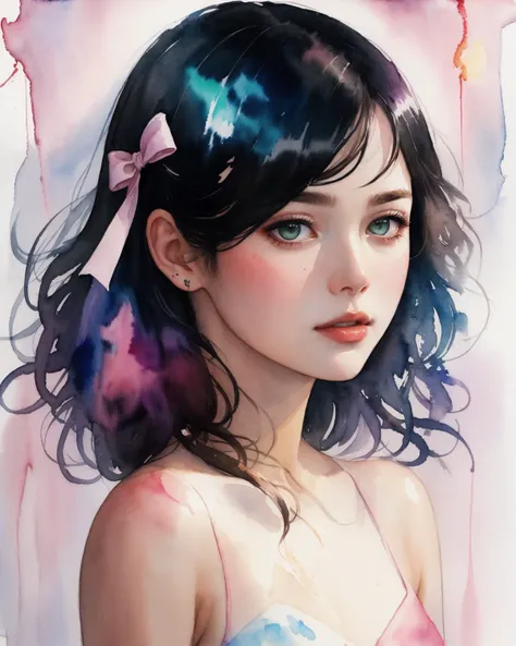 (8k, best quality, masterpiece:1.2),(best quality:1.0), (ultra highres:1.0), watercolor, a beautiful woman, shoulder, hair ribbons, by agnes cecile, half body portrait, extremely luminous bright design, pastel colors, (ink:1.3), autumn lights