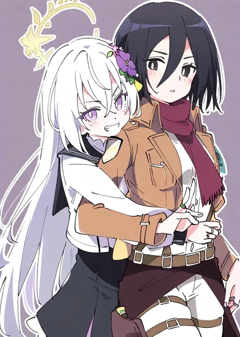 ixy,mikasa ackerman,azusa/(blue_archive/),multiple girls,2girls,yuri,long hair,short hair,smile,simple background,cowboy shot,hug,hug from behind,grin,black hair,white hair,ring,school uniform,black eyes,purple eyes,lipstick,paradis military uniform,