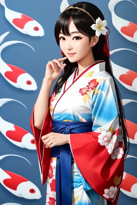 a masterpiece portrait of smiling saya otonashi, kimono with koi karp print, modelshoot style, (extremely detailed cg unity 8k w...