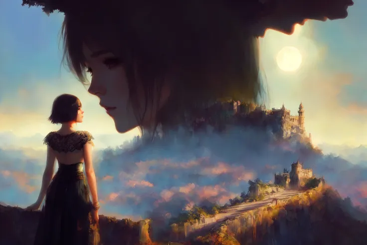 watercolor painting, ( moonlight ), full body portrait of ((wet)), stunningly beautiful ( 2b nier : 1.5 ), wearing ((see through lace skirt)), (detailed face), deep cleavage , (view from_sides ) , messy, ornate, at A mountaintop fortress, home to a po...