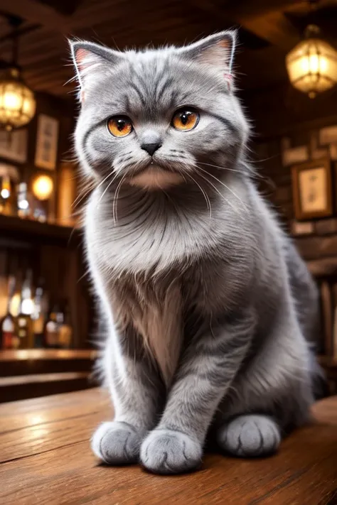 modelshoot style, 8k, portrait of a cute grey \(scottish fold\) cat sitting on a wooden table in a medieval bar, detailed fur, t...