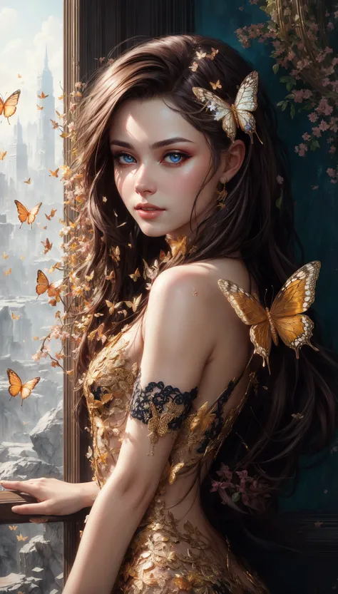 a woman with butterflies in her hair and a gold dress