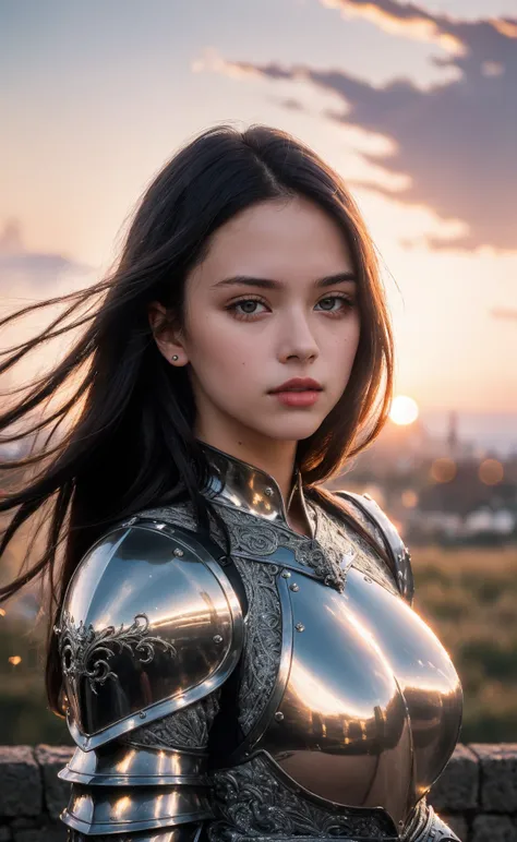 a woman in armor poses for a photo in a field