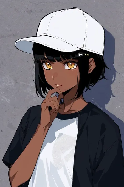 1girl, solo, dark skin, dark-skinned female, upper body, baseball cap, t-shirt, tomboy