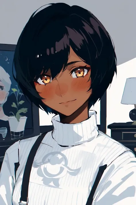 1girl, dark skin, dark-skinned female, very short hair, undercut hair, black hair, flat color, portrait, blushing, indoors, sweater