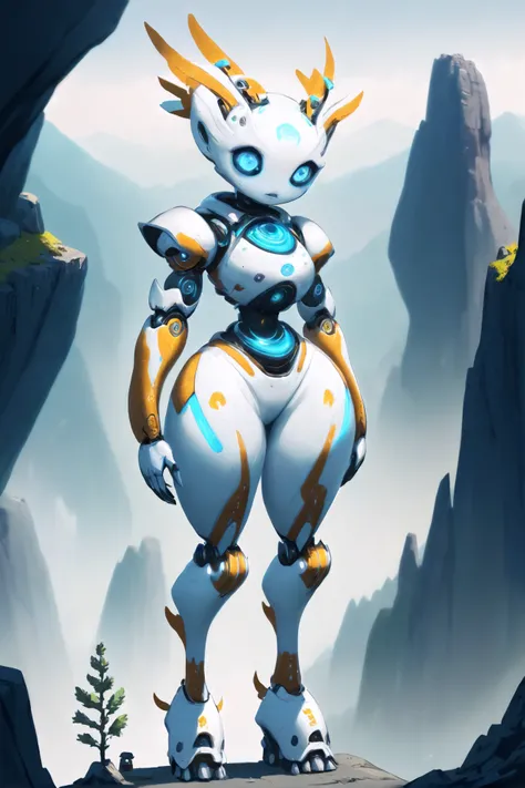 cute robot girl, magitech, A steadfast mountain spirit, with rocky textures, standing tall and watching over a valley below.<lora:EnvyMechaGirlXL02:1><lora:EnvySpiritXL01-cute:1>