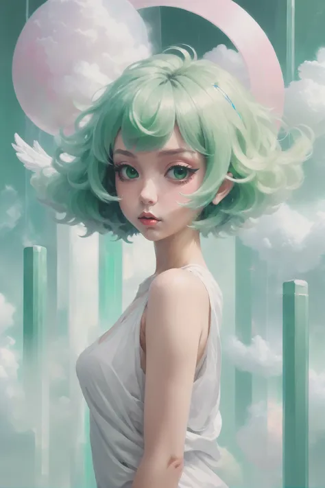 a painting of a woman with green hair and a white dress