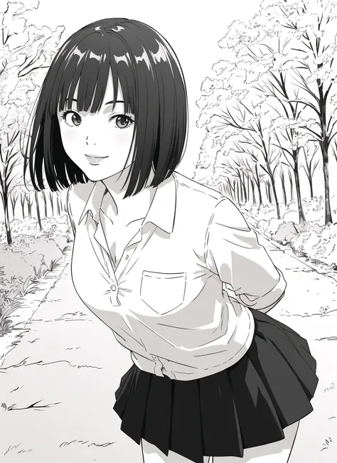 yakiyama line <lora:yakiyama_line_offset:1>, masterpiece, best quality, 1girl, greyscale monochrome, 1girl, solo, skirt, short hair, bob cut, leaning forward, nature, tree, looking at viewer, lips, school uniform, pleated skirt, arms behind back, smile